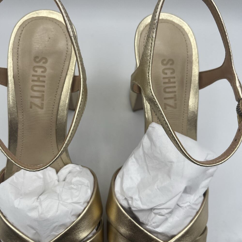 Schutz Women Platform Heel 6.5B Gold Leather Sole Ankle Strap Cocktail Shoes NIB - Picture 9 of 16